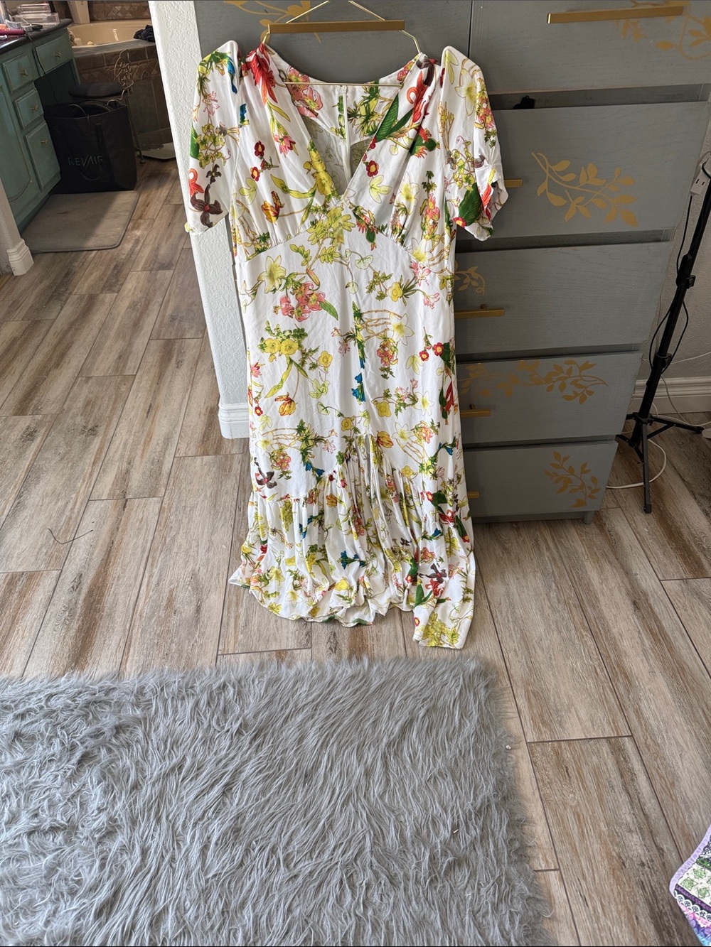 Nordstrom White Floral Maxi Dress with Green and Red Accents